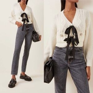 NWT Self-Portrait Bow-Embellished Cable-Knit Cardigan White Size Small
